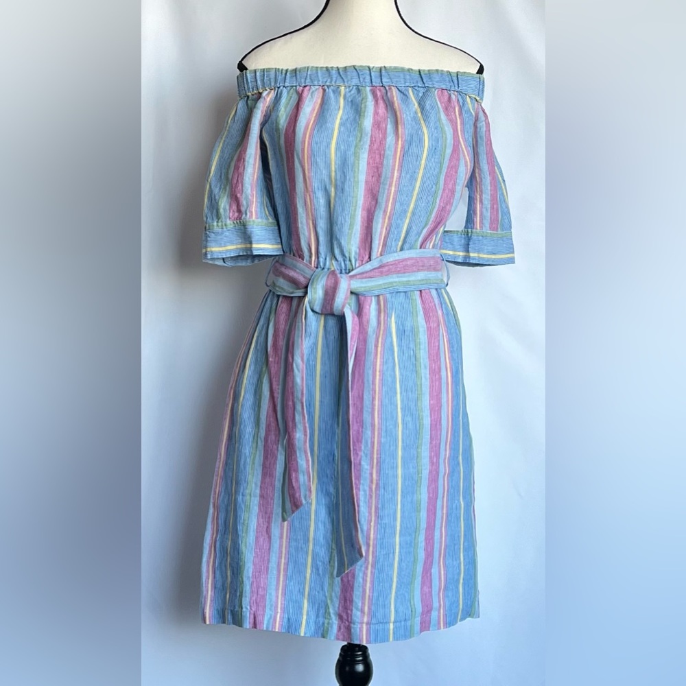 FRAME Women’s Off-Shoulder Striped Belted Linen Pastel Dress Size XS - Picture 4 of 11